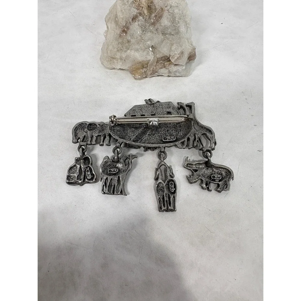 JJ‎ Jonette Noahs Ark Brooch Pewter Tone Dangling Animal Charms Vintage Pin